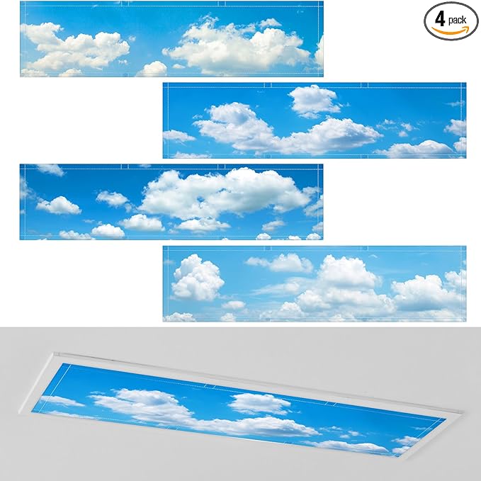 4 Pcs 1 x 4 Feet Fluorescent Lights Covers Magnetic Ceiling Light Cover with 8 Magnets Fluorescent Light Filters for School Classroom Home Drop Lamp Decor (Cloud)