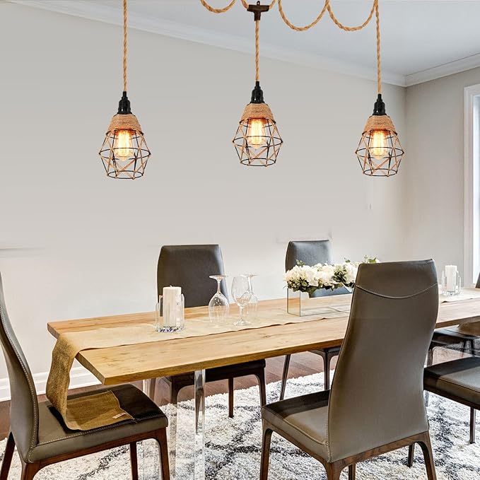 3 Light Hemp Rope Plug in Pendant Light Rattan Hanging Lights with Plug in Cord with Woven Lamp Shade, Hanging Lights with Plug in Cord Hemp Rope Hanging Lamp