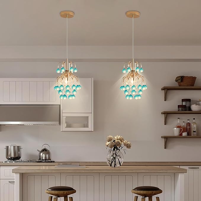 Surpars House Elegant Mini Chandelier Flush Mount Crystal Pendant Light,Golden (Blue Shade)