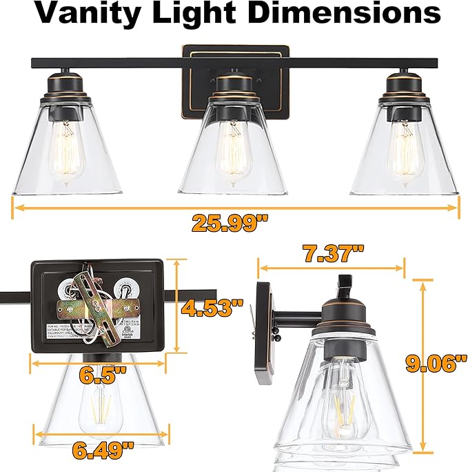 Oil Rubbed Bronze 3-Light Bathroom Vanity Light and Accessories Kit, 5-Piece All-in-One Bathroom Light Set Includes Oil Rubbed Bronze 3-Light Vanity Light,Robe Hook,Tissue Holder,Towel Bar,Towel Ring