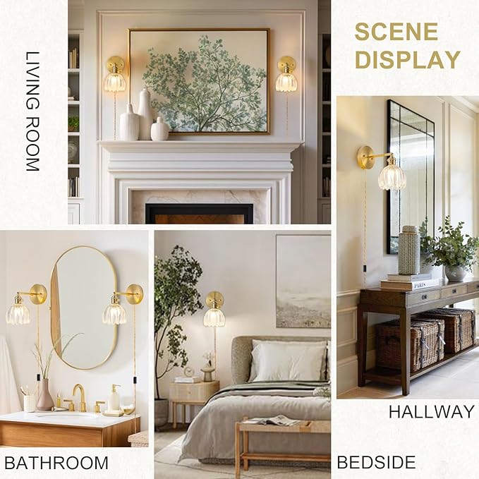 Plug in Wall Sconce, Vintage Sconce Light with Tulip Transparent Glass Lampshade, Bedside Wall Sconce with Switch and Plug in Wall Lamp Cord, Gold Wall Light for Bedroom