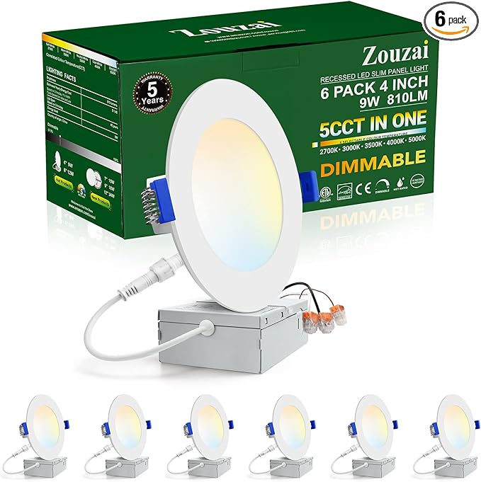 zouzai 4 Inch 5CCT Ultra-Thin LED Recessed Ceiling Light with Junction Box, 2700K/3000K/3500K/4000K/5000K Selectable, 9W Eqv 80W, Dimmable, led can Lights - ETL and Energy Star Certified【 6 Pack 】