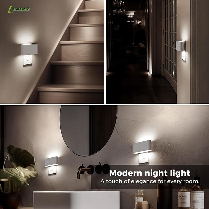 L LOHAS LED Night Light, 2 Pack Dimmable Modern LED Night Lights Plug into Wall,Dusk to Dawn Sensor Night Lights for Kid, 0-100LM 5000K White Nightlight for Hallway Bedroom Stairway