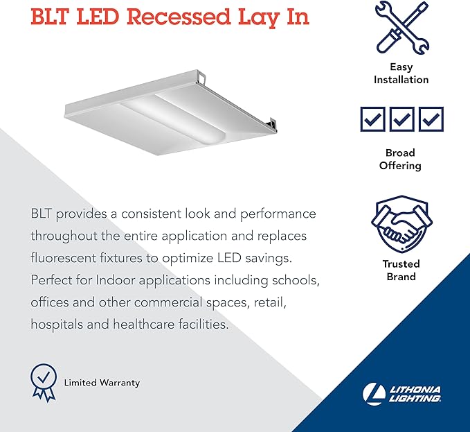 Lithonia Lighting 2x2 LED Troffer Light, BLT Series Low Profile LED Drop in Ceiling Light for Dropped Ceiling with Curved Ribbed Diffuser, 3300 Lumens, 3500K Neutral White