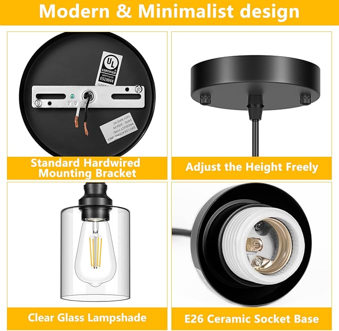 Licperron 3 Pack Hanging Pendant Lighting Fixtures, Adjustable Black Hanging Ceiling Lamp with Clear Glass Shade, Modern Pendant Light for Kitchen Island, Dining Room, Bedroom, Hallway
