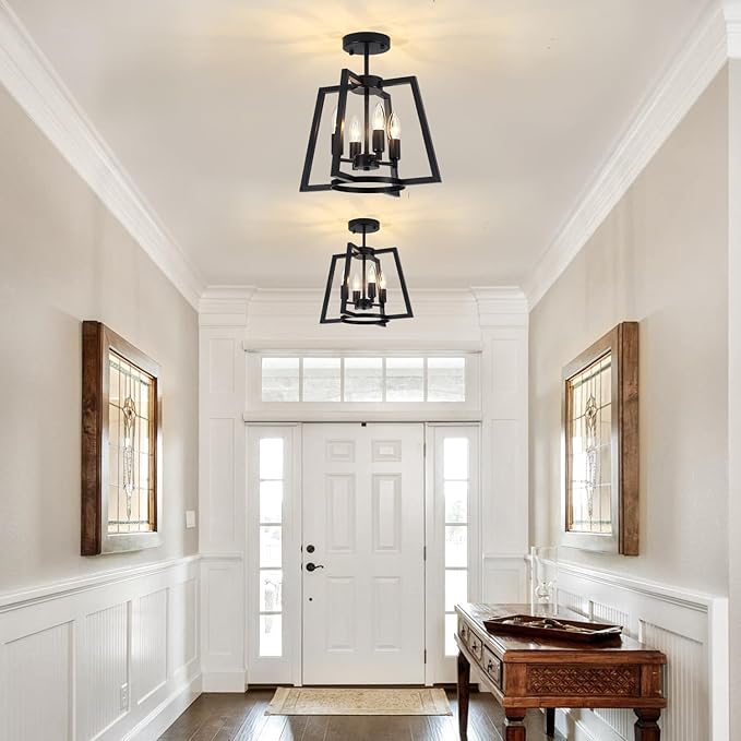 TOULMJ 14.56" Ceiling Light Fixture, 4-Light Farmhouse Black Semi-Flush Mount Ceiling Light for Kitchen Island Laundry Room Bedroom Dining Room Hallway Entryway