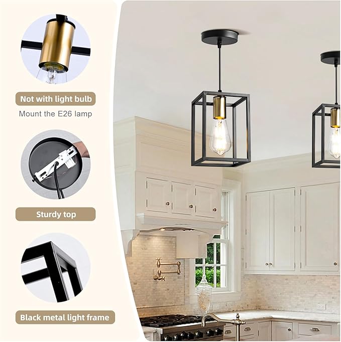 2 Pack Farmhouse Black and Gold Pendant Lights, Hanging Lamps for Living Room Entryway Foyer Indoor, Cage Lantern Kitchen Island Dining Room Light Fixture, Modern Matte Black Industrial Iron Light