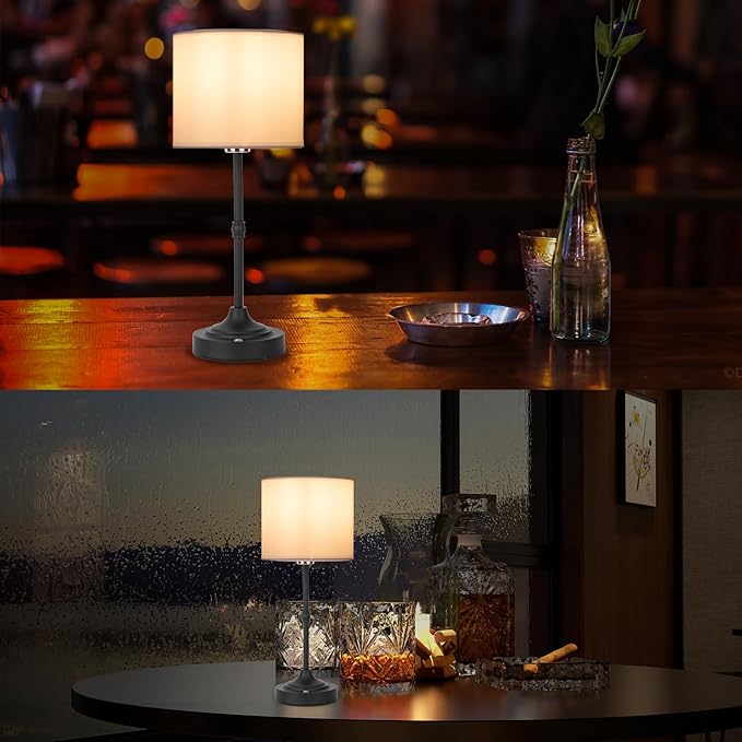 Rechargeable Cordless LED Table Lamp Fabric Shade Desk Lamp, 3-Level Dimmable Touch Control, 5200mAh, Patio Table Lamp, Bedside Night Lamp, Ambient Light for Restaurant.(Black)
