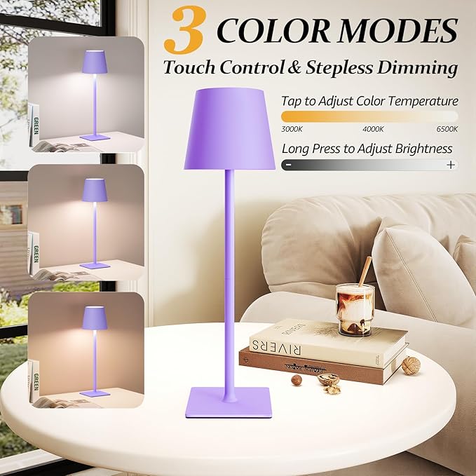 CHLORANTHUS 2 Pack Cordless Table Lamps, 3 Colors Stepless Dimming, 5000mAh Rechargeable Battery LED Desk Lamp for Bedroom/Couple Dinner/Desk/Cafe/Dining Room/Terrace