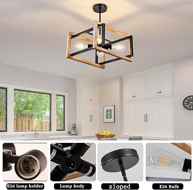 HuisMier Farmhose Flush Mount Ceiling Light Fixtures, 4 Lights Rustic Wood and Metal Ceiling Lighting, Industrial Dining Room Light Fixture for Kitchen Island Entryway Bedroom Hallway