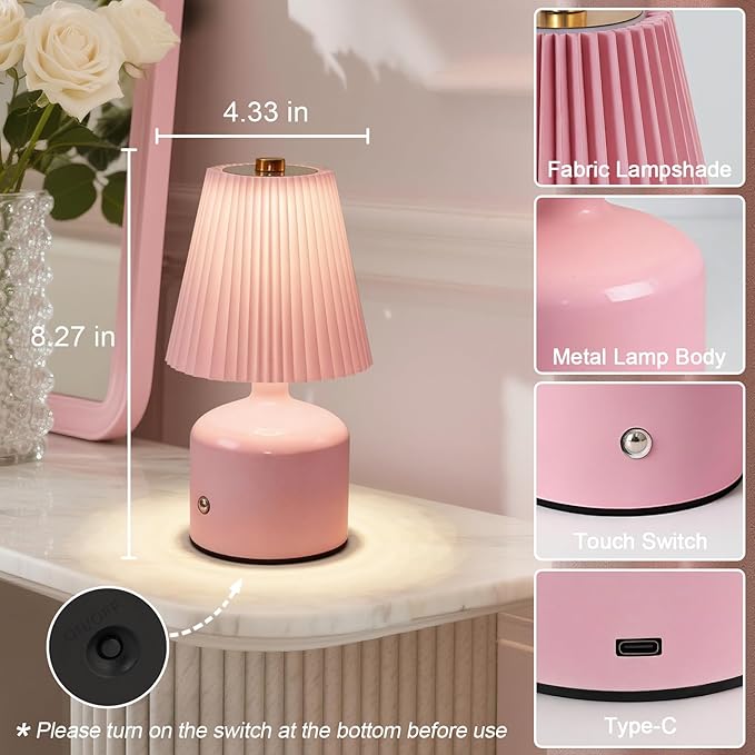 Small Cordless Table Lamp, Touch Lamps for Nightstand 3 Color Stepless Dimming, Metal Base Pleated Rechargeable Lamp for Bedside, Bedroom, Dining Room, Living Room (Pink)