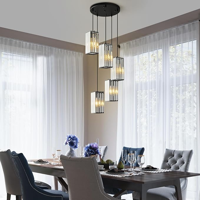 Modern Pendant Light Black Rectangle Pendant Lighting Mini Crystal Chandeliers Adjustable Pendant Light Fixture for Kitchen Island Dinning Room Living Room Corridor Bedroom(Black 5-Light)