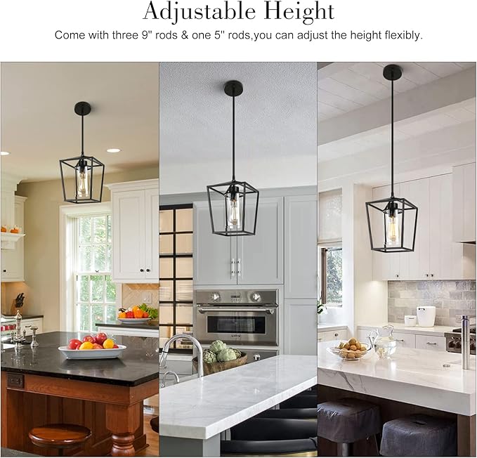 Black Pendant Lights Kitchen Island, 1-Light Farmhouse Kitchen Pendant Lighting Over Island, Metal Cage Island Hanging Lights for Kitchen, Dining Room, Entryway, Hallway, Foyer