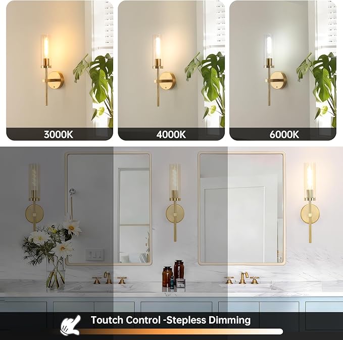 Shenmoyl Battery Operated Wall Sconces Set of 2, Gold Rechargeable Wall Lighting Fixtures, Dimmable Wall Lights with Remote & Clear Glass Shade for Living Room, Bathroom,Bedroom