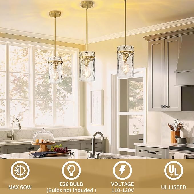 Brass Hammered Glass Pendant Light, 5.5" Brushed Gold Island Pendant Lights Vintage Kitchen Island Light Gold Pendant Light Fixtures Dining Room Light Island Lights Pendant Lighting 1 Pack