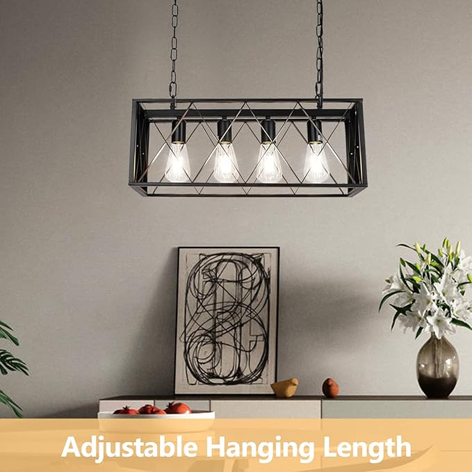 Pynsseu Industrial Kitchen Island Pendant Lighting, Rectangular Vintage Rustic 4-Light Hanging Pendant Light Fixtures for Kitchen Farmhouse, Bar, Dinning Room