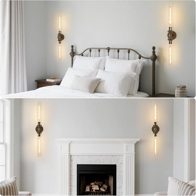 Knurled Brass Bathroom Wall Sconce - Set of 2 Luxury Brushed Antique Gold Sconces - Modern Linear Tube Vanity Lights Fixture with Clear Glass - Dimmable Indoor Lighting for Bedroom Living Room Decor