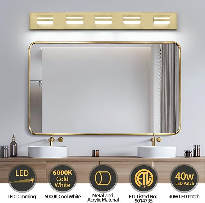 OKELI 5 Light Bathroom Vanity Light Gold Modern 36W LED Dimmable Vanity Light Over Mirror 350° Adjustable Lamp Head Cold White 6000K ETL Listed 36.2Inch