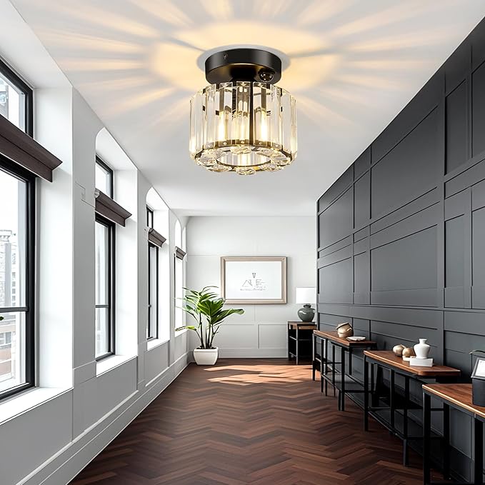 Indoor Motion Sensor Ceiling Light Fixture Modern Small Crystal Semi Flush Mount Ceiling Light Black Mini Round Chandelier for Hallway Closet Entryway Bathroom Kitchen