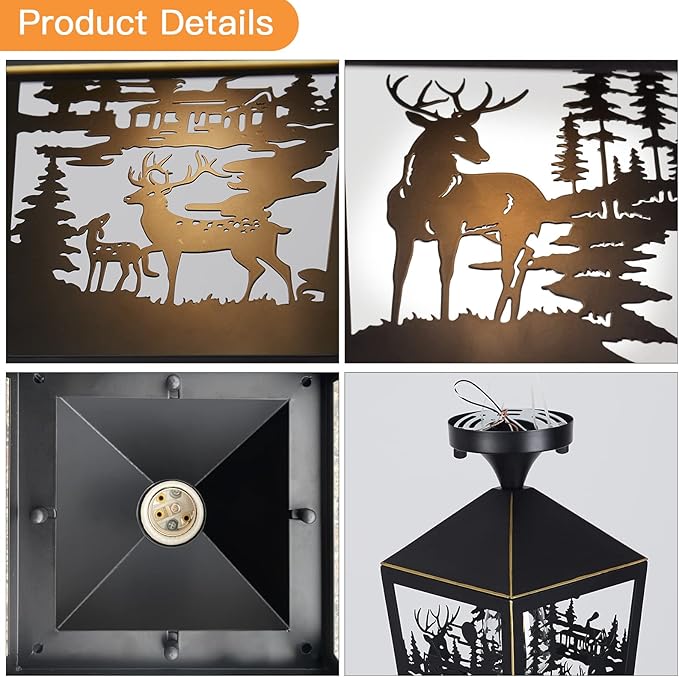 Farmhouse Semi Flush Mount Ceiling Light Fixture, Rustic Black Metal Deer Animal Light Fixtures for Log Cabin Hallway, Foyer, Kitchen, Balcony, and Outdoor Porch Lighting (Bulbs Not Included)