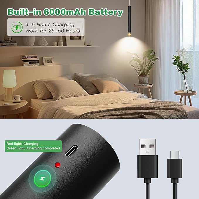 Rechargeable Pendant Lights Fixtures for Kitchen Island, Modern Pendant Light, 6000mAh Battery, 3 Color Dimmable No Wiring Hanging Lights, Adjustable Industrial LED Cylinder Pendant Lamp-Black