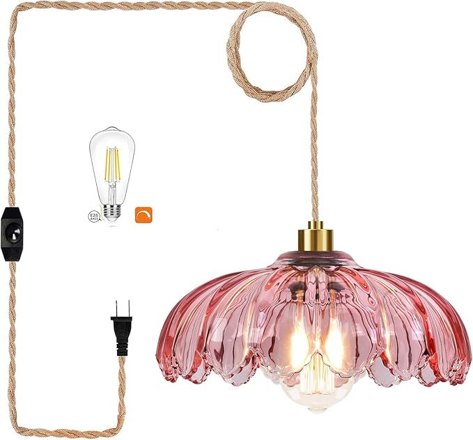 QIYIZM Pink Plug in Pendant Light Hanging Lights with Plug in Cord Boho Hanging Lamp Glass Gold Mid Century Modern Vintage Dimmable Flower Plug in Chandelier Ceiling Fixture for Living Room,Kitchen