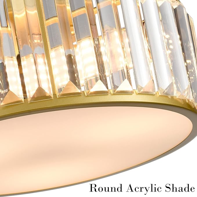 12 Inch Gold Crystal Flush Mount Ceiling Light 3-Light Drum Shade Ceiling Light Fixtures Luxury Crystal Glass Flush Mount Lighting for Bedroom Hallway Bathroom