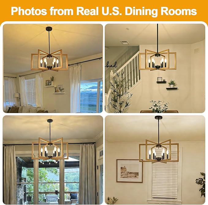 25" Retro Wood Texture Chandelier for Dining Room, No Assembly Required Dining Room Light Fixture Over Table, Industrial Metal Hanging Pendant Lights Fixture for Kitchen Island, Entryway, Foyer