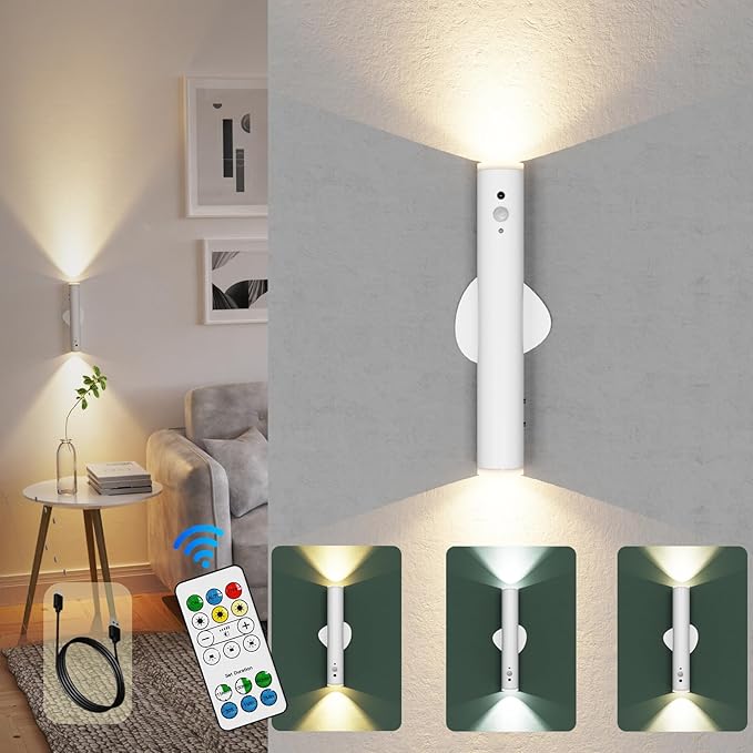 LYTARA Rechargeable Wall Sconces | Dimmable LED Cordless Lamp with Remote, Motion Sensor, Metal Body | Battery Operated Lights for Decor, Night Light Indoor, Hallway, Bedroom, 1pcs