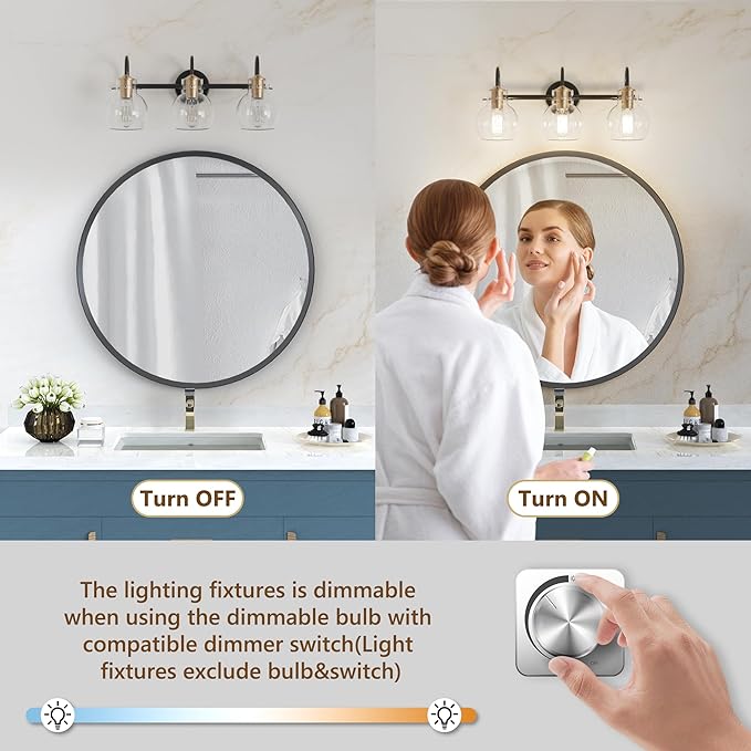 Bathroom Light Fixtures, Black and Copper 3 Light Bathroom Vanity Light, Modern Wall Sconce Black with Red Copper, Vanity Lights Over Mirror with Globe Glass Shade and Metal Base