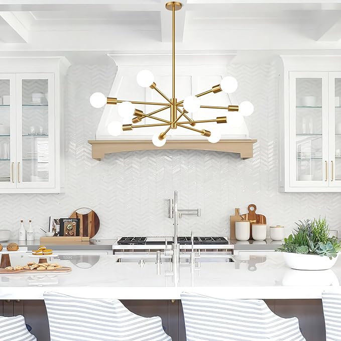 33" Modern Chandelier Ceiling Light Fixture, 12-Light Sputnik Chandeliers Brushed Gold Mid Century Chandelier Over Table, Height Adjustable Chandeliers for Dining Room Living Room (Bulbs Not Included)