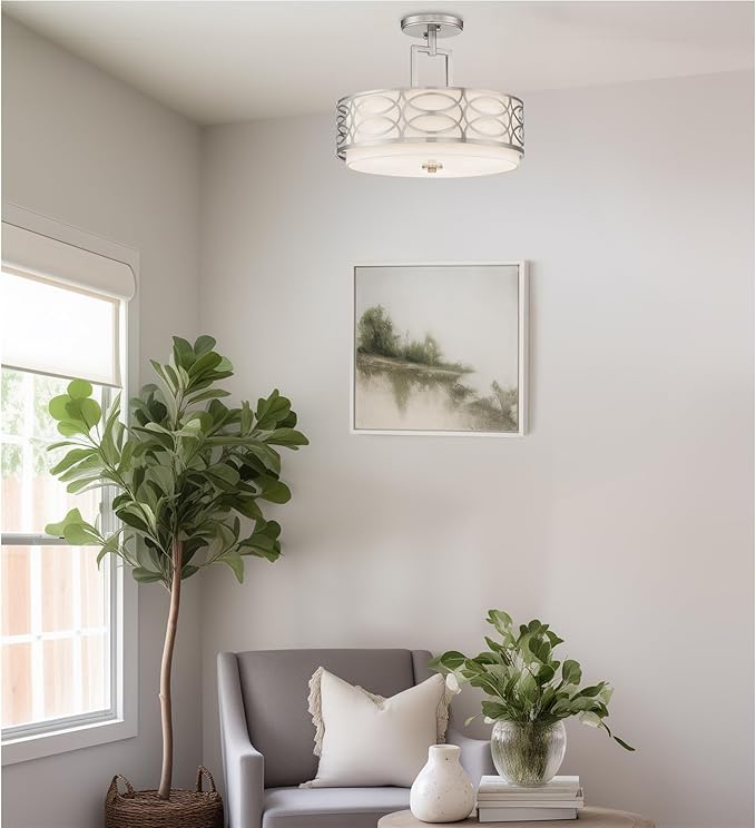 Kira Home Sienna 15" 3Modern Lattice Drum Semi-Flush Mount, 3-Light Silver Ceiling Light with White Linen Shade & Glass Diffuser, Brushed Nickel Finish
