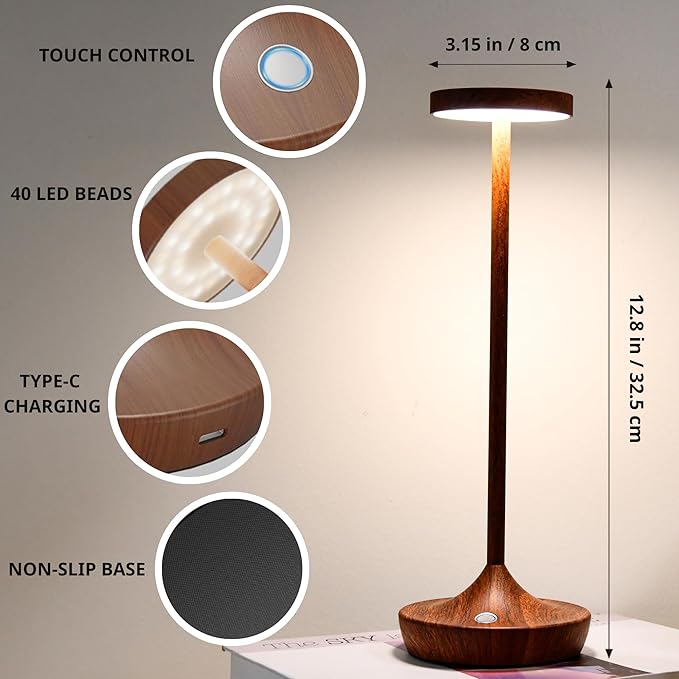 Rechargeable Cordless Table Lamp, 6000mAh Battery Powered LED Desk Lamp, Portable Metal Touch Lamp with 3-Level Dimming, Waterproof Outdoor Light for Patio, Restaurant, Dining (2 Woodgrain)
