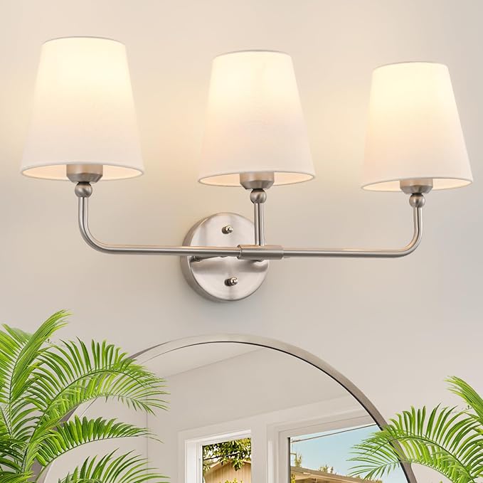 Bathroom Light Fixtures, 3-Light Brushed Nickel Vanity Lights, 24.5" Bathroom Lighting Fixtures Over Mirror with White Fabric Shade, Modern Wall Sconces for Bedroom Living Room Hallway