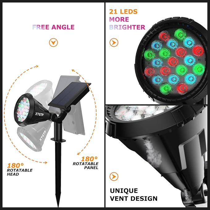 Solar Spotlights Outdoor Color Changing, 180°Adjustable Flag Pole Lights, IP67 Garden Lights Solar Powered Waterproof, Wall Lights for Garden Pool Area Pond, Landscape Solar Light for Yard