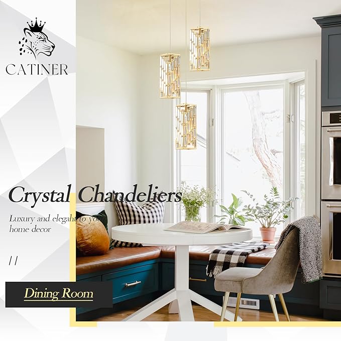 CATINER Gold Crystal Pendant Light 3 Pack, Mini Hanging Pendant Lighting Fixture with Adjustable Cord, Modern Gold Kitchen Island Pendant Lights for Dining Room, Bedroom, Hallway, E26 Base