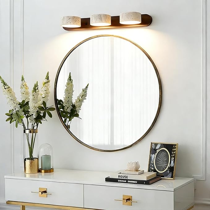 LED Natural Stone Vanity Light with 3 Travertine Stone Shades, Bathroom Vanity Light Fixture, 360° Rotatable Stone Lampshades, Modern Rustic Wall Lamp for Bedroom, Living Room, Hallway (Walnut Wood)