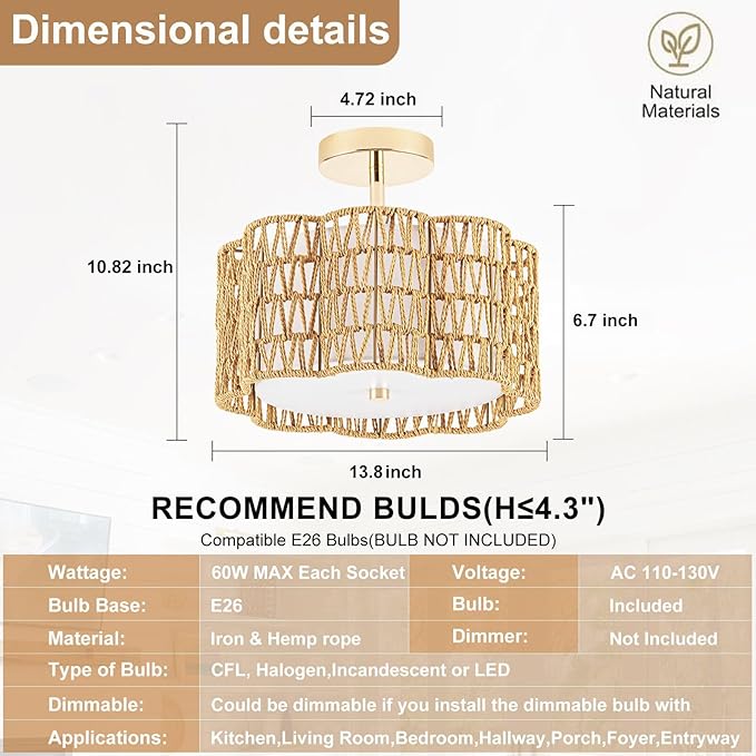 Tbaoinla✿ 13.8＂ Handwoven 3-Light Rattan Ceiling Light | Boho Flush Mount for Bedroom & Nursery, Natural Fiber Basket Light Fixture, Gold Light Fixture
