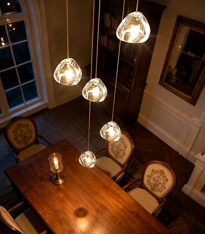 HAIXIANG Modern LED Chandeliers Dining Room Kitchen Pendant Lights Lighting for Island Dimmable Fixtures Floating Bubble Crystal 2700K 6000K Remote Dimming 5-Lights