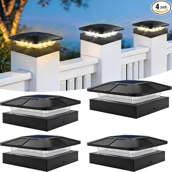 4x4 Post Solar Lights, 3 Colors Solar Fence Lights, 2 Brightness Solar Post Cap Lights Waterproof, Deck Lights for Wood/Vinyl Posts, Garden, Patio, Stripe Light, 4 Pack