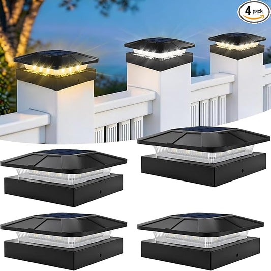 4x4 Post Solar Lights, 3 Colors Solar Fence Lights, 2 Brightness Solar Post Cap Lights Waterproof, Deck Lights for Wood/Vinyl Posts, Garden, Patio, Stripe Light, 4 Pack