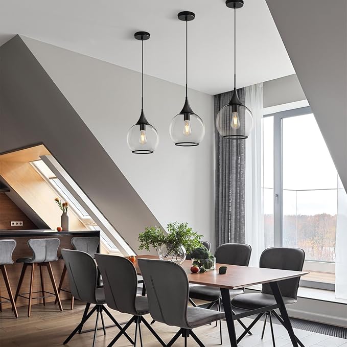 Pendant Lights Kitchen Island: 3 Pack Black Light Fixture Modern with Clear Glass - 10 Inch Mid Century Globe Kitchen Lighting Fixtures Ceiling for Hallway Bar