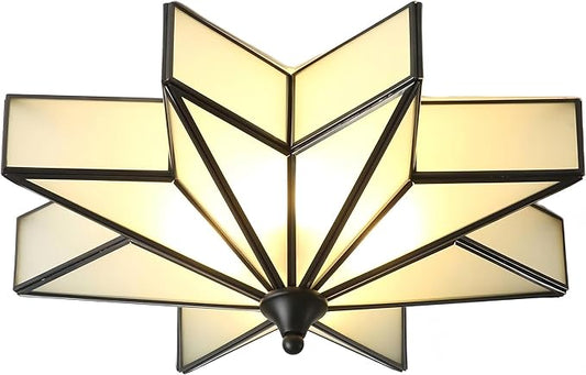 LIGHTLAND 19.7 Inch Flush Mount Star Ceiling Light, 4 Lights Brass Ceiling Lamp with Glass Lampshade, Art Deco Close to Ceiling Light Fixtures for Bedroom Living Room Entryway Hallway, Black