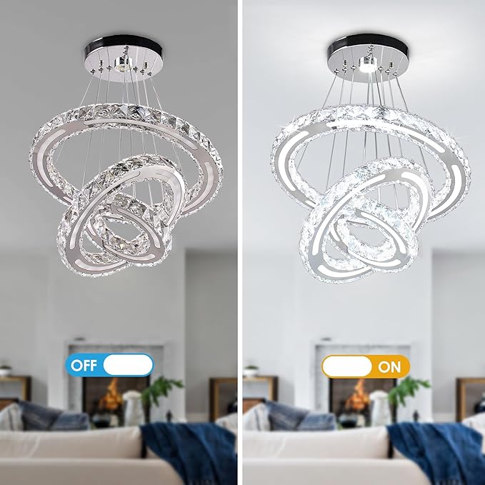CXGLEAMING Chandeliers Modern Ceiling LED Fixture 3 Rings Adjustable Crystal Light Fixture Ceiling Hanging Pendant Light for Living Room Dining Bedrooms Hall 180mm Base 153 Crystals（White Light）