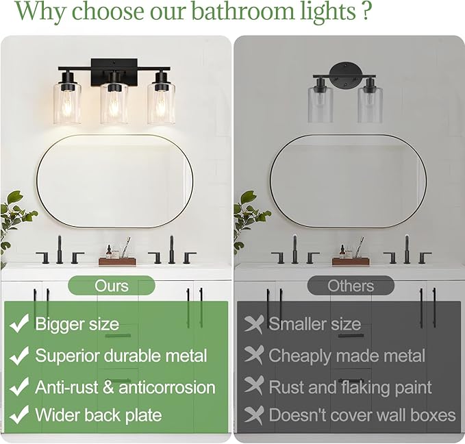 Indoi 3 Light Bathroom Light Fixtures, Matte Black Modern Vanity Lights with Clear Glass Shade, Bathroom Wall Lamp for Mirror Kitchen Living Room Hallway Cabinet Porch