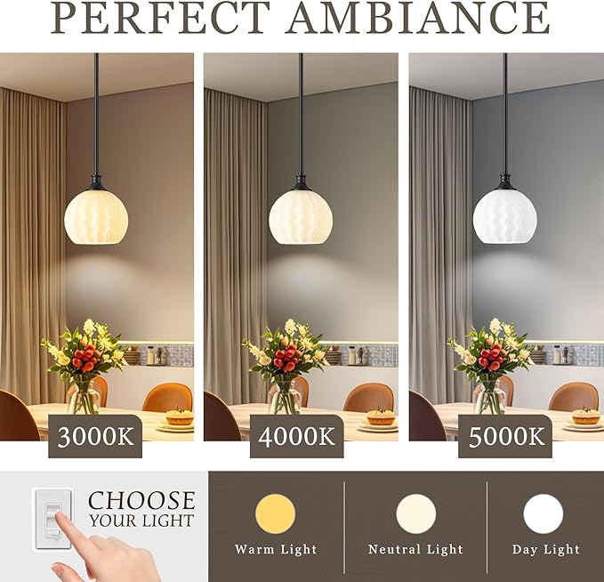 Black Pendant Lights Kitchen Island, 1-Light 7.3" Modern Milk Glass Pendant Light Fixtures with Rods, Globe Hanging Lighting for Kitchen Sink Bathroom Dining Room, E26 Base