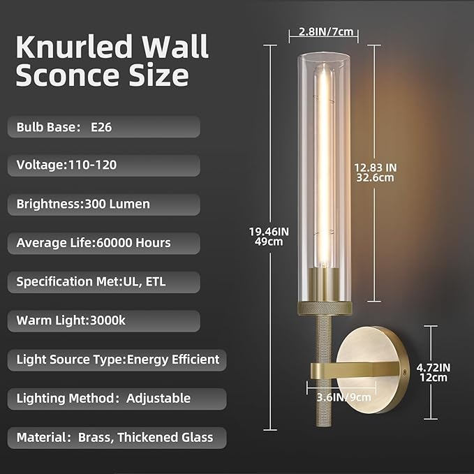Modern Brass Hardwired Wall Sconces 2 Pack, 20'' Knurled Bathroom Wall Sconce, Indoor Wall Sconce,Copper and Tube Glass Vanity Light, for Living, Bedroom, Hallway, Staircases, Include Bulbs