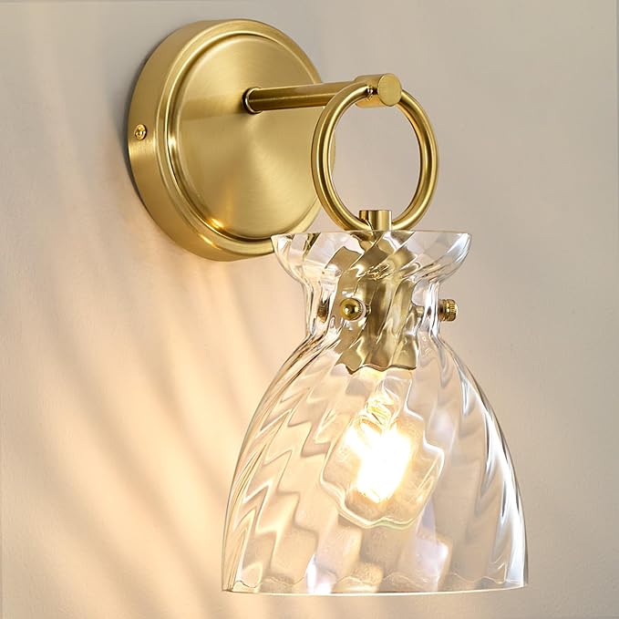 Wall Sconce 1-Light Hardwired Wall Mount Modern Farmhouse Vanity Light Fixtures with 6 Inch Clear Striped Glass Shade, Gold Wall Lights for Bathroom, Bedroom, Living Room, Mirror, Kitchen