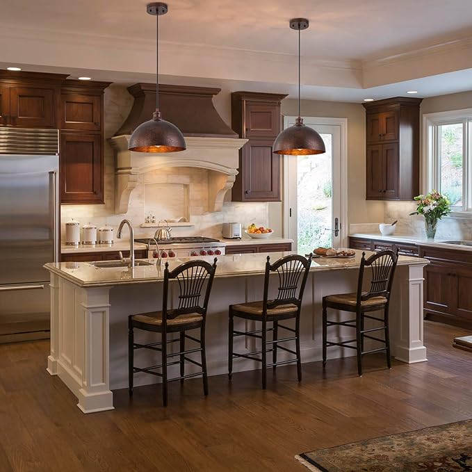Farmhouse Pendant Lights Kitchen Island,11.8" Red Bronze Rustic Dome Pendant Lights Fixture,Adjustable Height Industrial Chandelier for Dining Room,Bedroom,Hallway