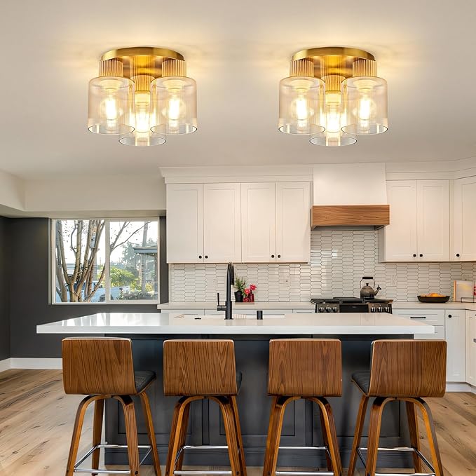 3-Lights Semi Flush Mount Ceiling Light Fixture, Gold Modern Close to Ceiling Light for Kitchen, Foyer, Entryway, Hallway, Dining Room, Amber Gradient Glass Shade with Solid Wood